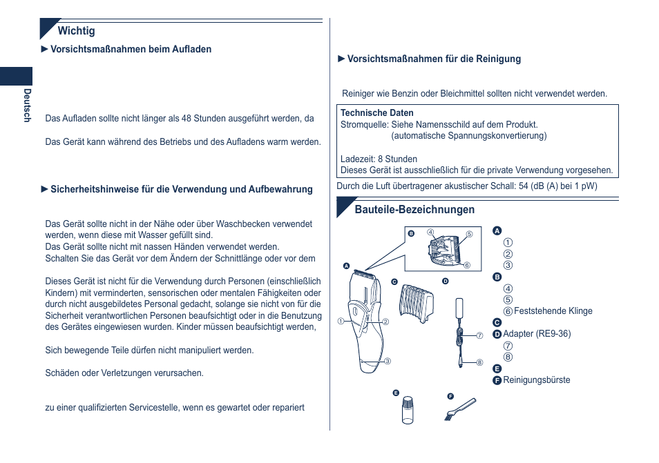 Wichtig, Bauteile-bezeichnungen | Panasonic ER2061 User Manual | Page 6 / 84