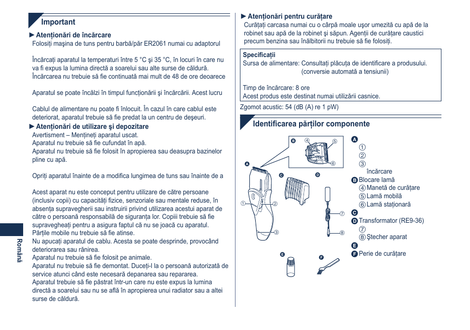 Important, Identificarea părţilor componente | Panasonic ER2061 User Manual | Page 62 / 84