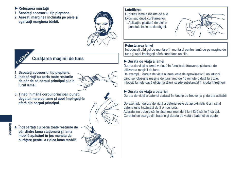 Curăţar ea, Curăţarea maşinii de tuns | Panasonic ER2061 User Manual | Page 64 / 84