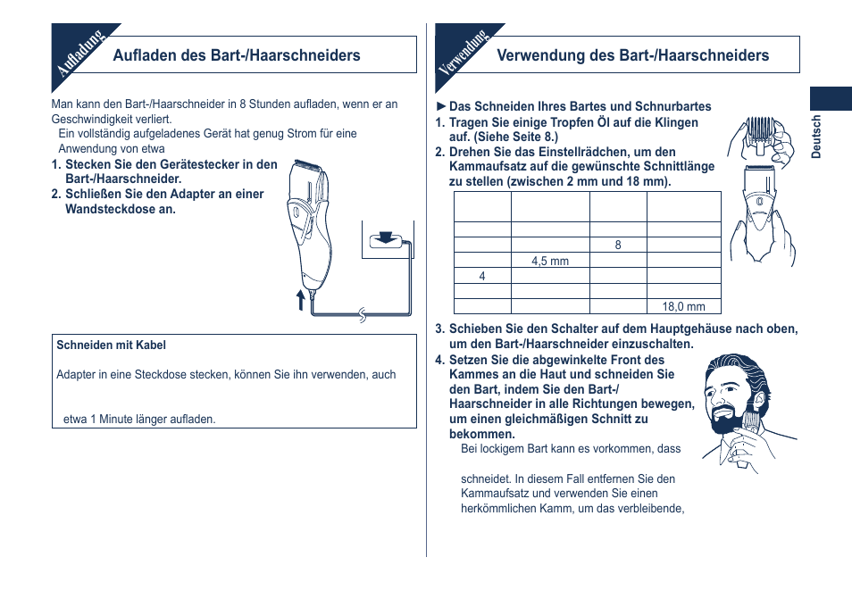 Aufladung, Verwendung, Aufladen des bart-/haarschneiders | Verwendung des bart-/haarschneiders | Panasonic ER2061 User Manual | Page 7 / 84