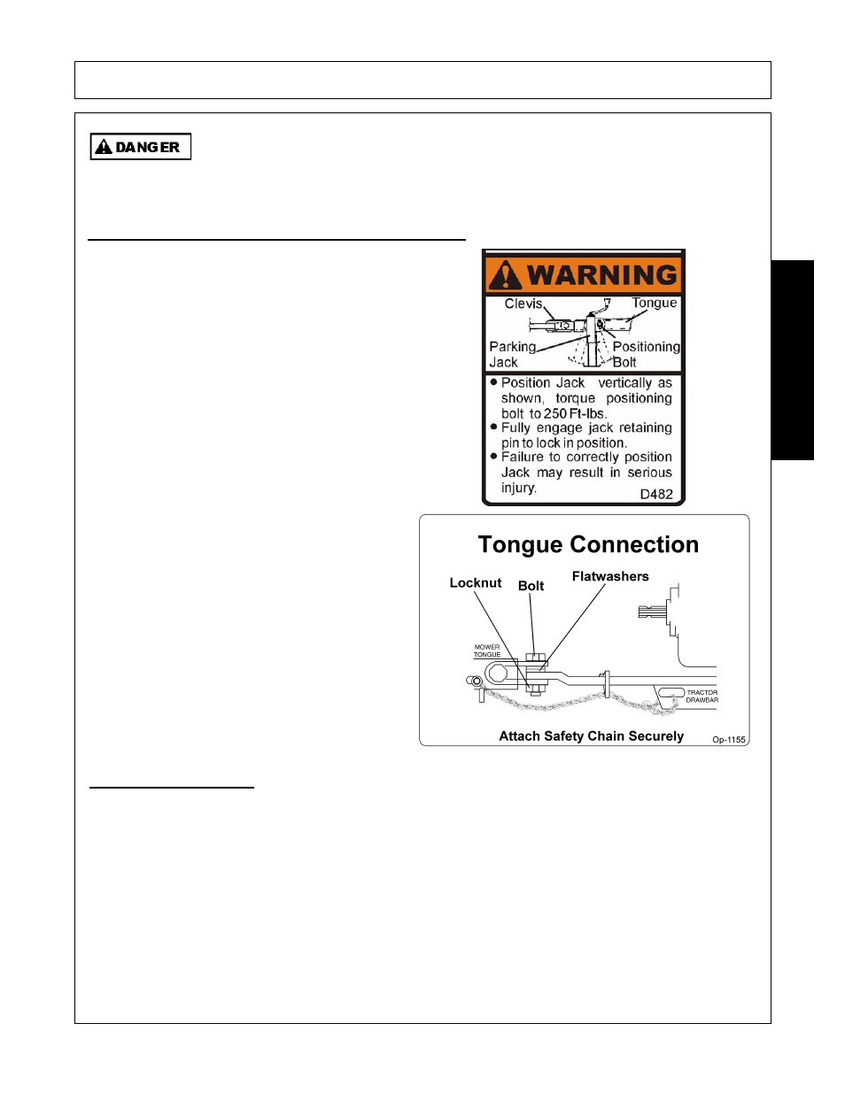 1 connecting the mower tongue to the tractor, 2 safety tow chain, Operation | Opera t ion | Alamo Flex-Wing Mechanical Level Lift Rotary Cutter/Shredder EAGLE 10/15 User Manual | Page 105 / 180
