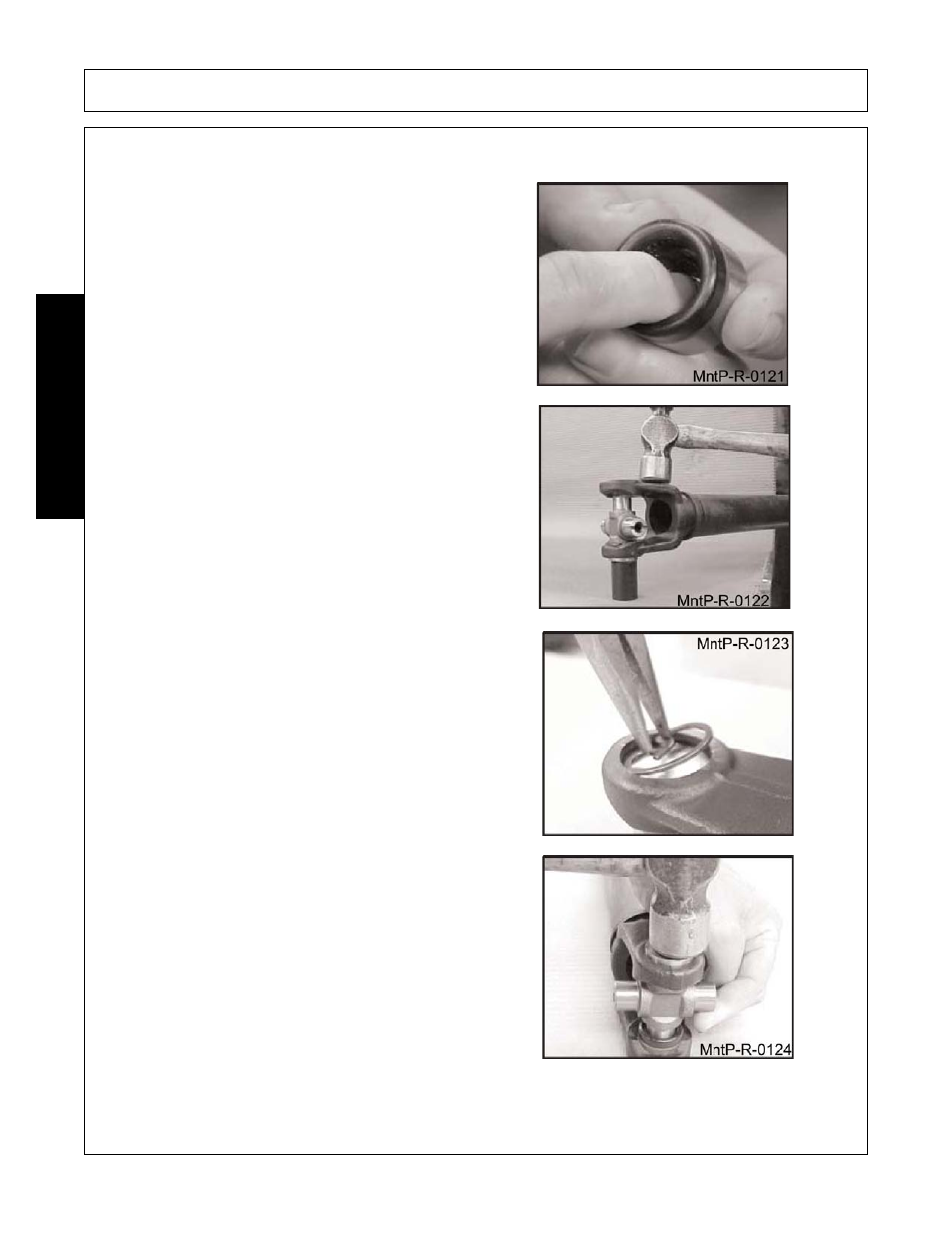 To reassemble universal joint, Smear grease into bearings and check for dirt, Insert cup and cross. drive in with spacer | Insert snap ring, To reassemble universal joint -12, Maintenance | Alamo Flex-Wing Mechanical Level Lift Rotary Cutter/Shredder EAGLE 10/15 User Manual | Page 156 / 180