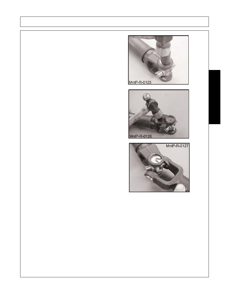 Drive cup down with spacer and insert snap ring, Position second yoke on cross. repeat steps 2 to 6, Maintenance | Alamo Flex-Wing Mechanical Level Lift Rotary Cutter/Shredder EAGLE 10/15 User Manual | Page 157 / 180