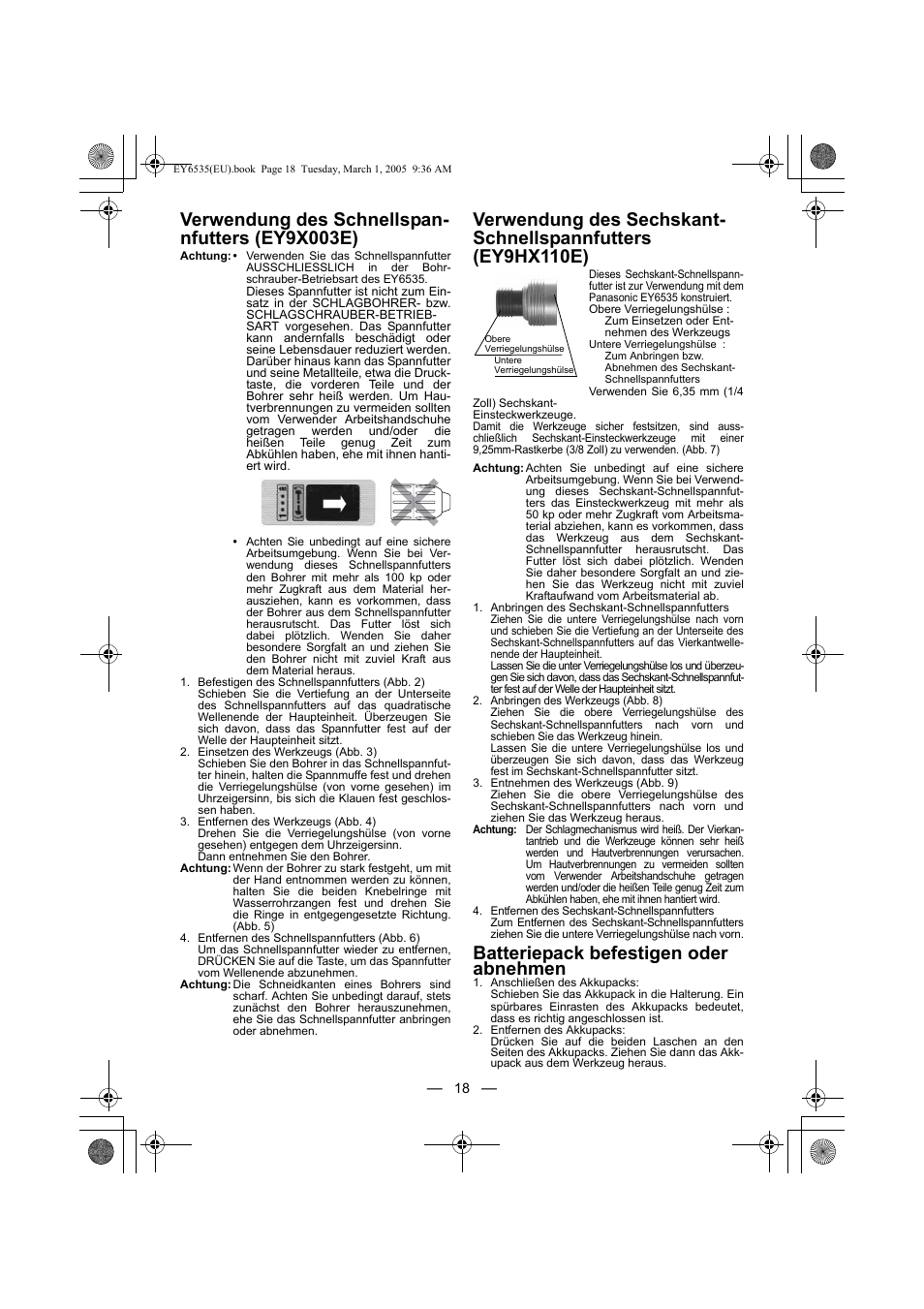 Verwendung des schnellspan- nfutters (ey9x003e), Batteriepack befestigen oder abnehmen | Panasonic EY6535GQW User Manual | Page 18 / 88