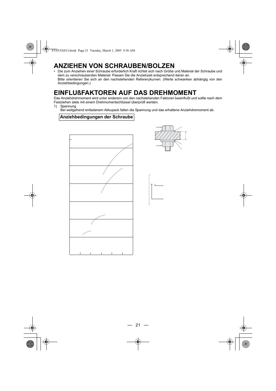 Anziehen von schrauben/bolzen, Einflußfaktoren auf das drehmoment | Panasonic EY6535GQW User Manual | Page 21 / 88