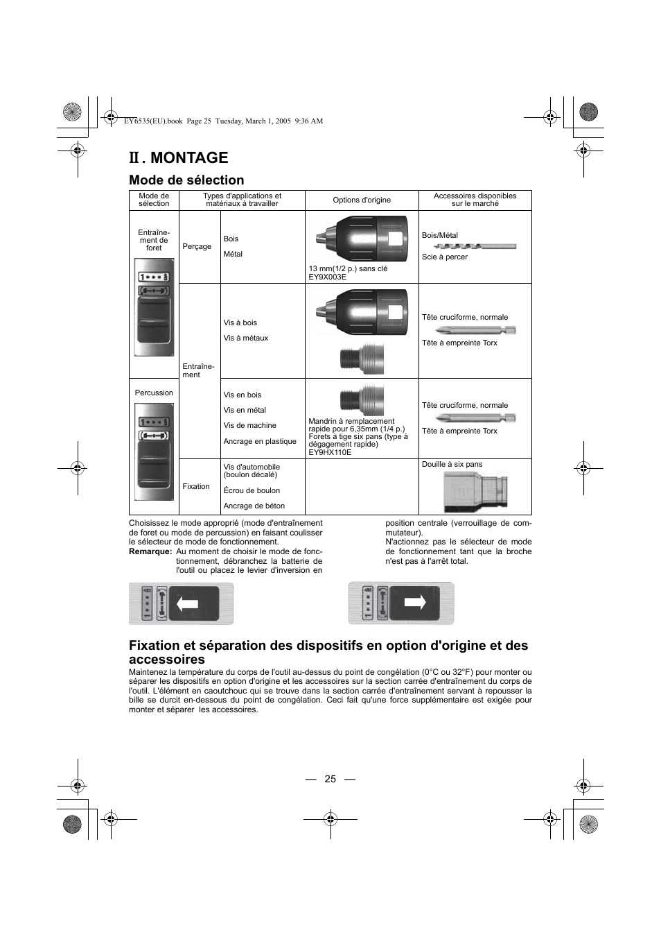 Montage, Mode de sélection | Panasonic EY6535GQW User Manual | Page 25 / 88