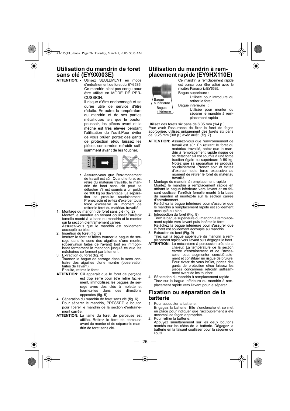 Fixation ou séparation de la batterie | Panasonic EY6535GQW User Manual | Page 26 / 88