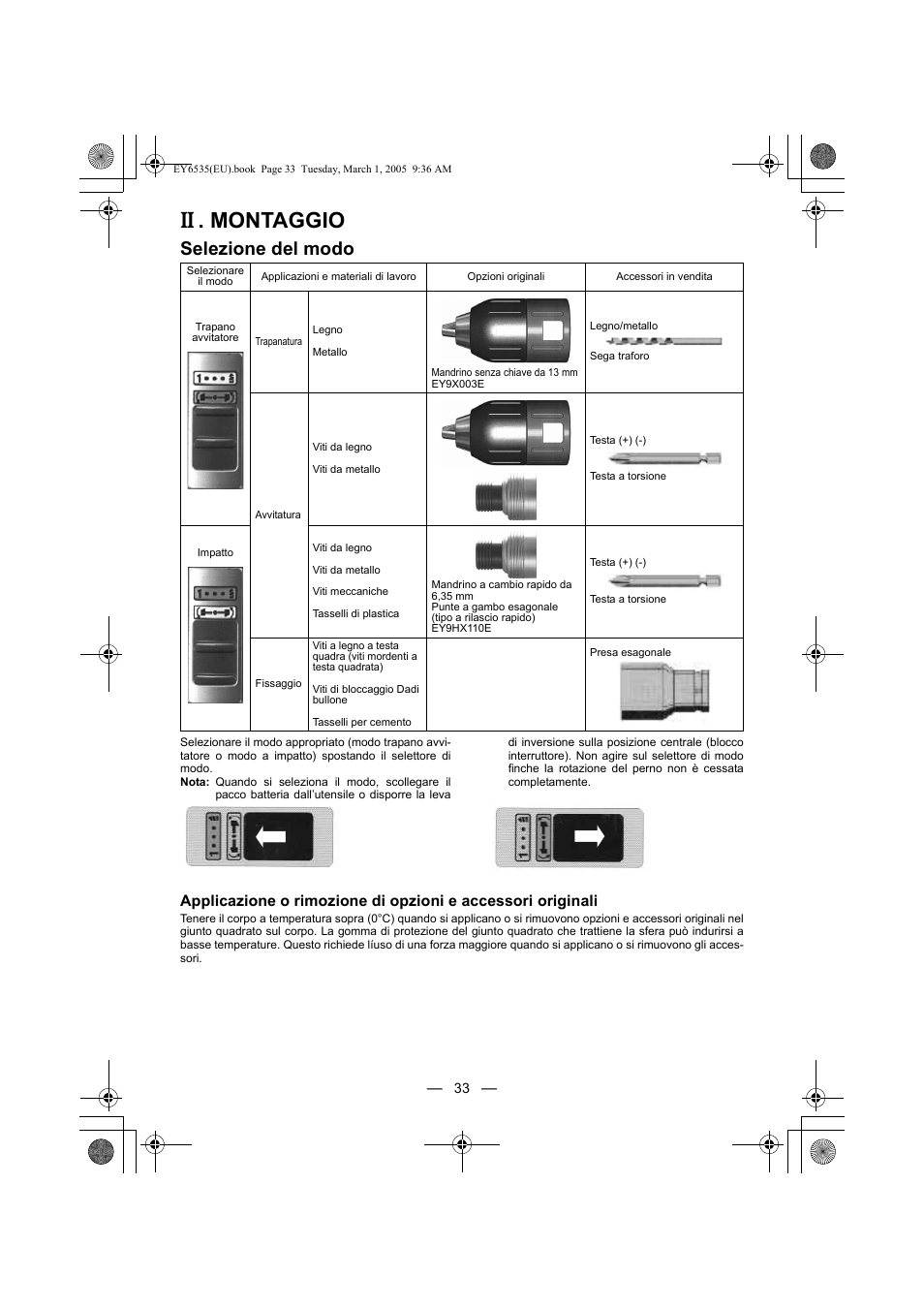 Montaggio, Selezione del modo | Panasonic EY6535GQW User Manual | Page 33 / 88
