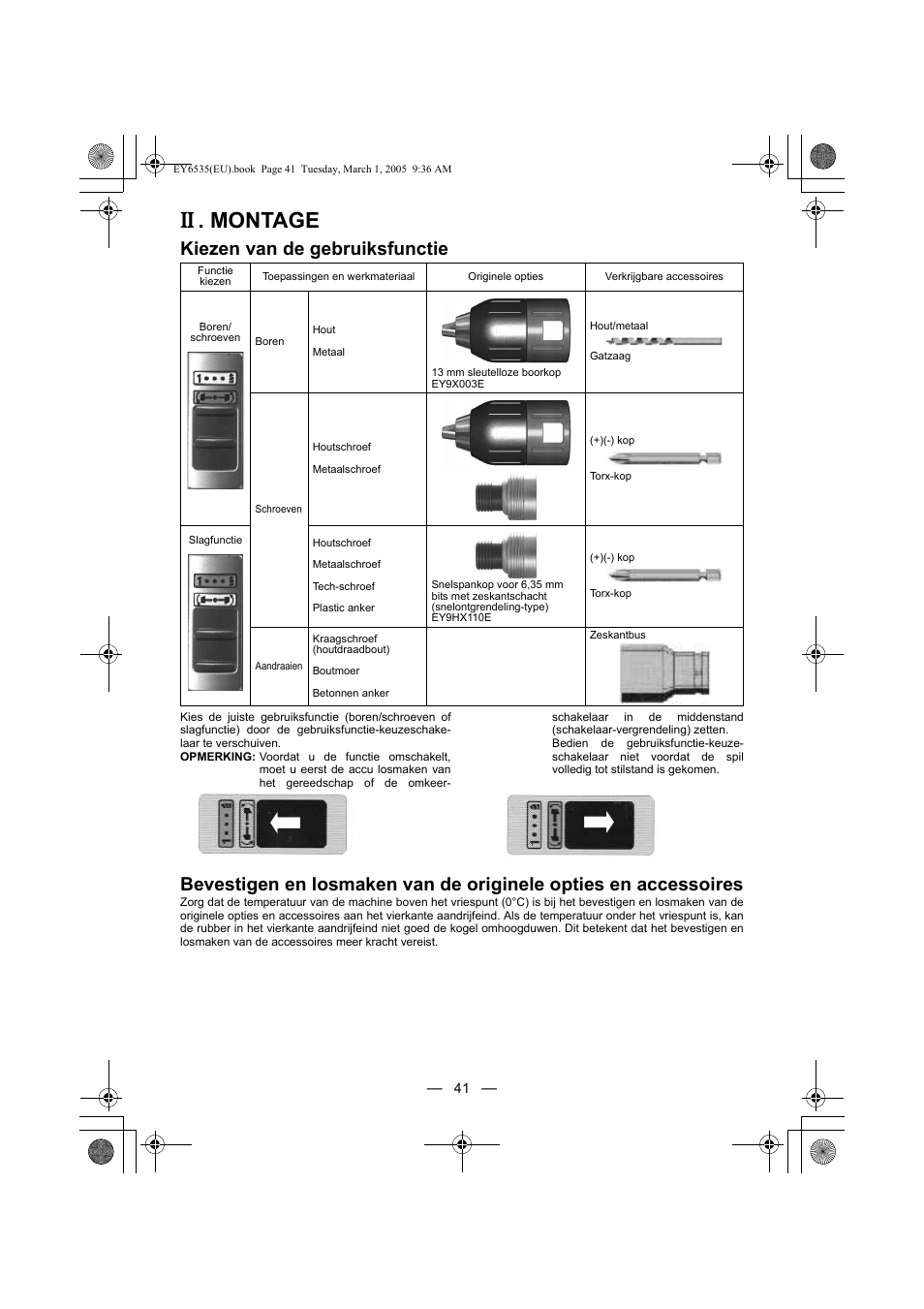 Montage, Kiezen van de gebruiksfunctie | Panasonic EY6535GQW User Manual | Page 41 / 88