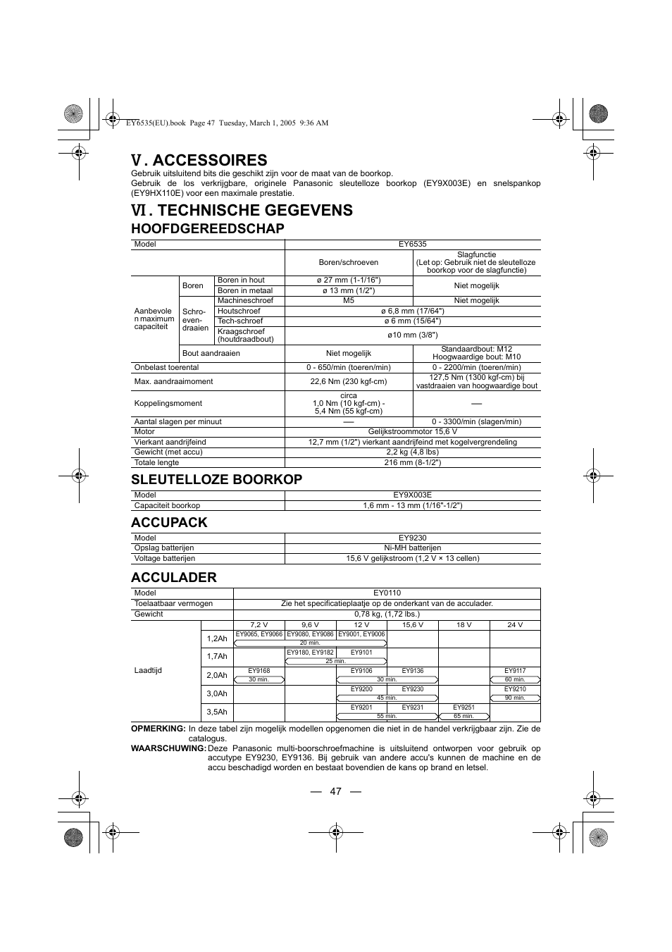 Accessoires, Technische gegevens | Panasonic EY6535GQW User Manual | Page 47 / 88