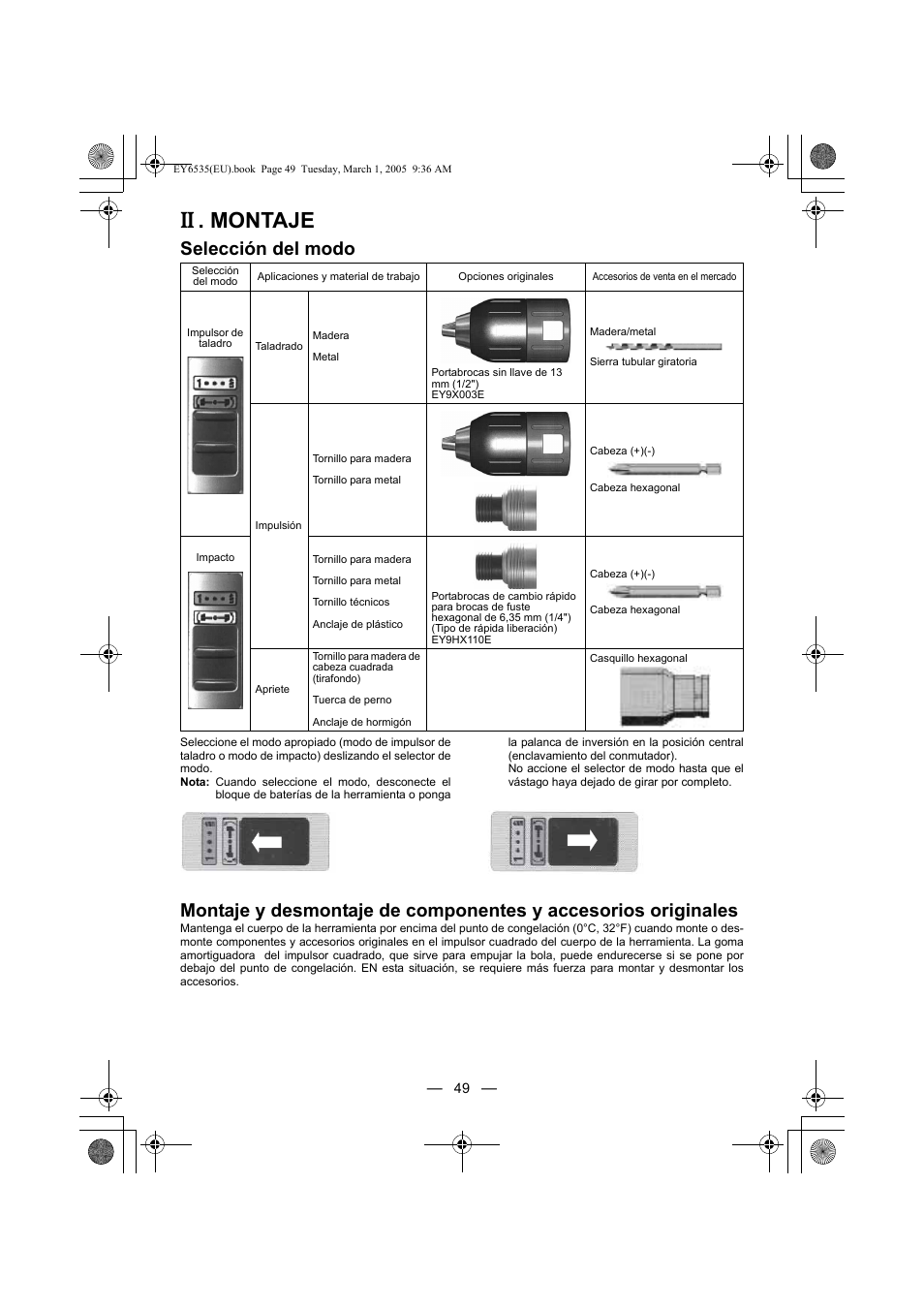 Montaje, Selección del modo | Panasonic EY6535GQW User Manual | Page 49 / 88