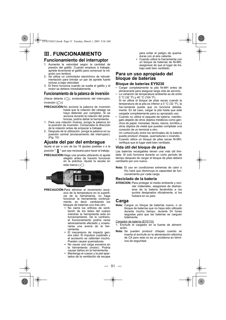 Funcionamiento, Funcionamiento del interruptor, Funcionamiento de la palanca de inversión | Ajuste del par del embrague, Para un uso apropiado del bloque de baterías, Carga | Panasonic EY6535GQW User Manual | Page 51 / 88