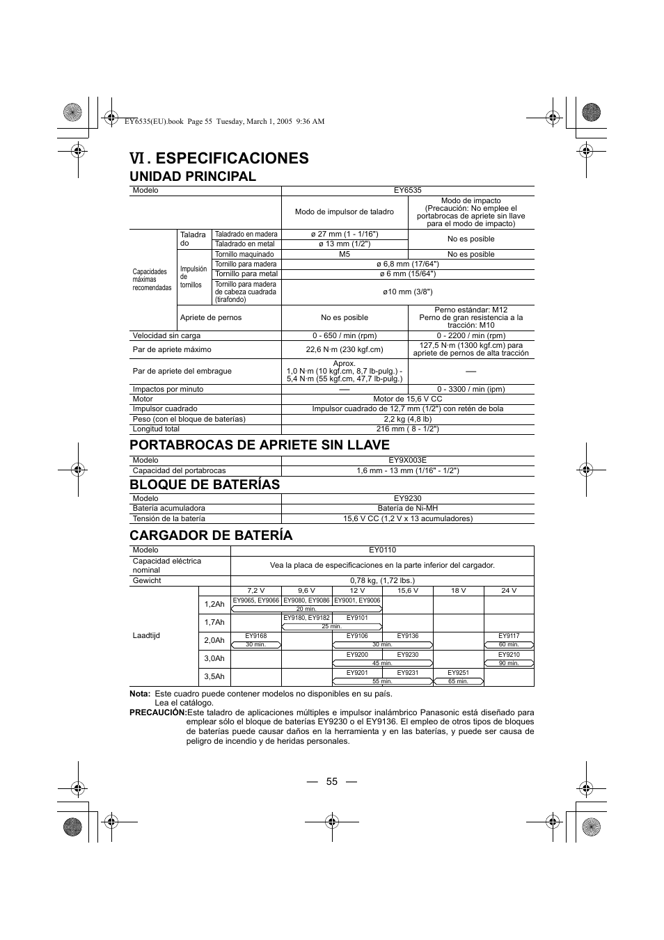 Especificaciones | Panasonic EY6535GQW User Manual | Page 55 / 88