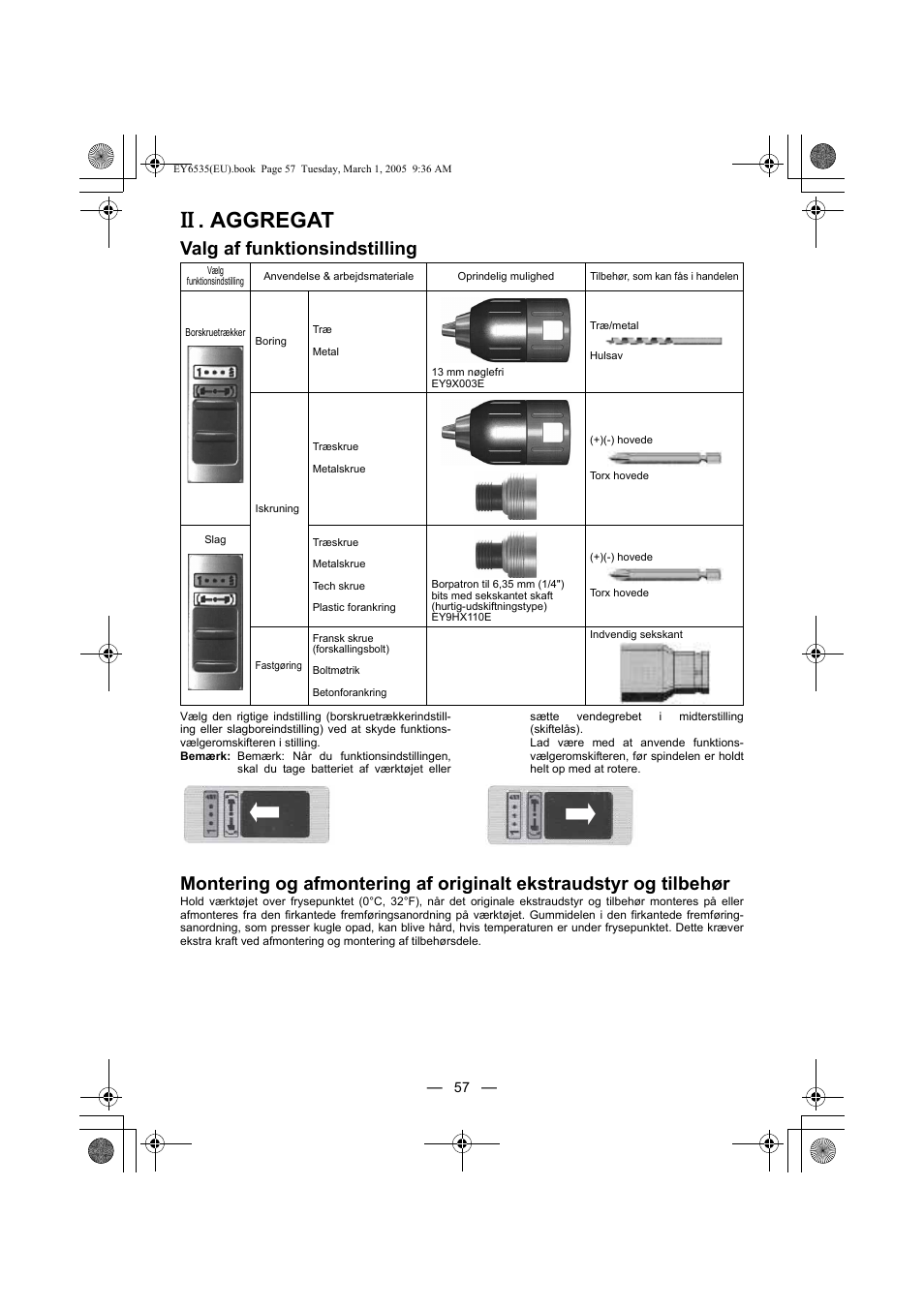 Aggregat, Valg af funktionsindstilling | Panasonic EY6535GQW User Manual | Page 57 / 88