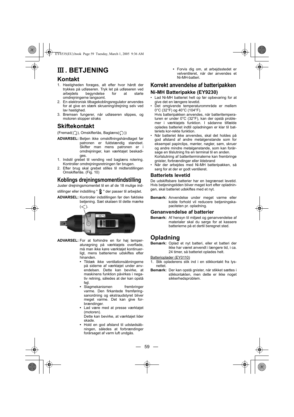 Betjening, Kontakt, Skiftekontakt | Koblings drejningsmomentindstilling, Korrekt anvendelse af batteripakken, Opladning | Panasonic EY6535GQW User Manual | Page 59 / 88