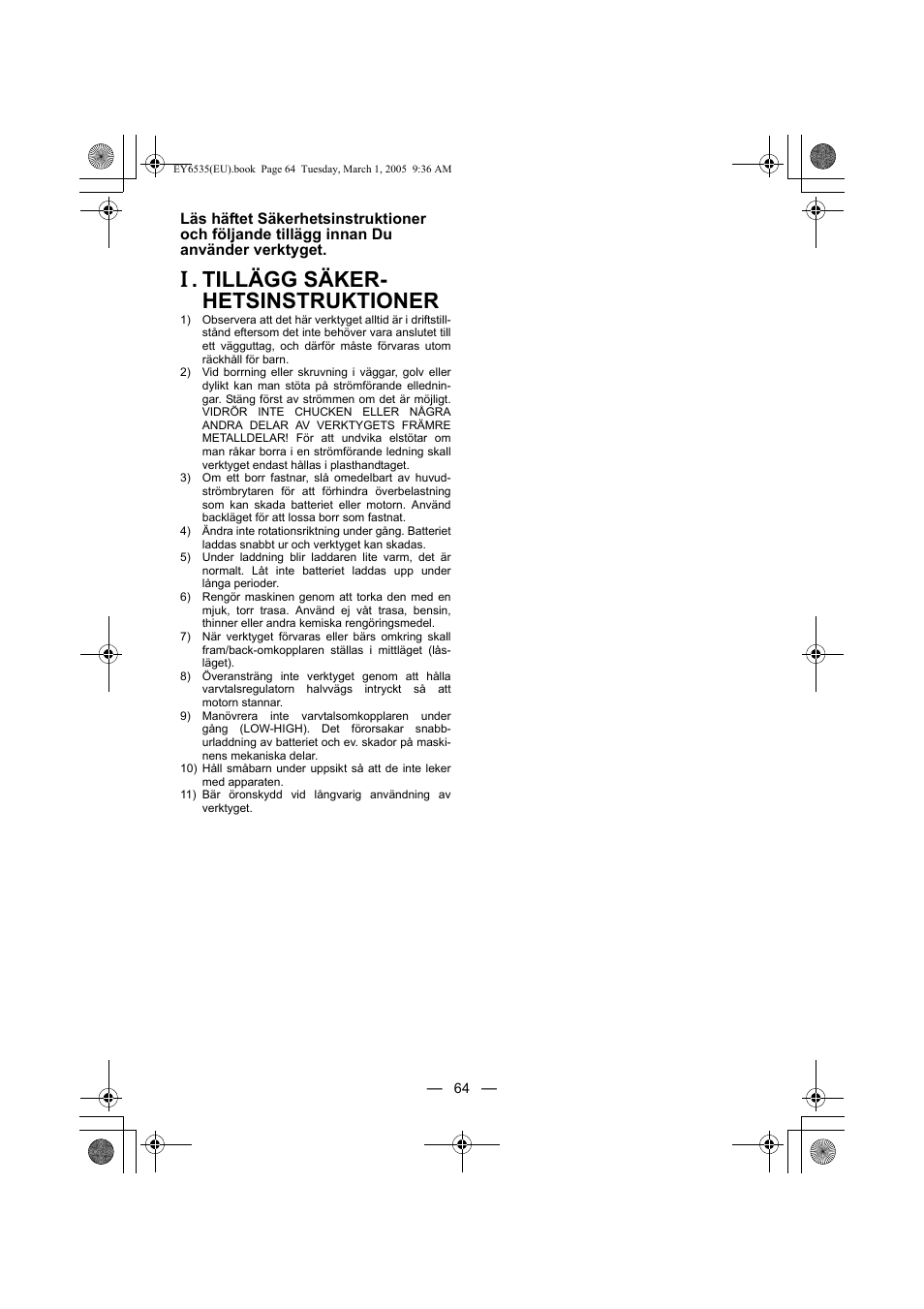Tillägg säker- hetsinstruktioner | Panasonic EY6535GQW User Manual | Page 64 / 88