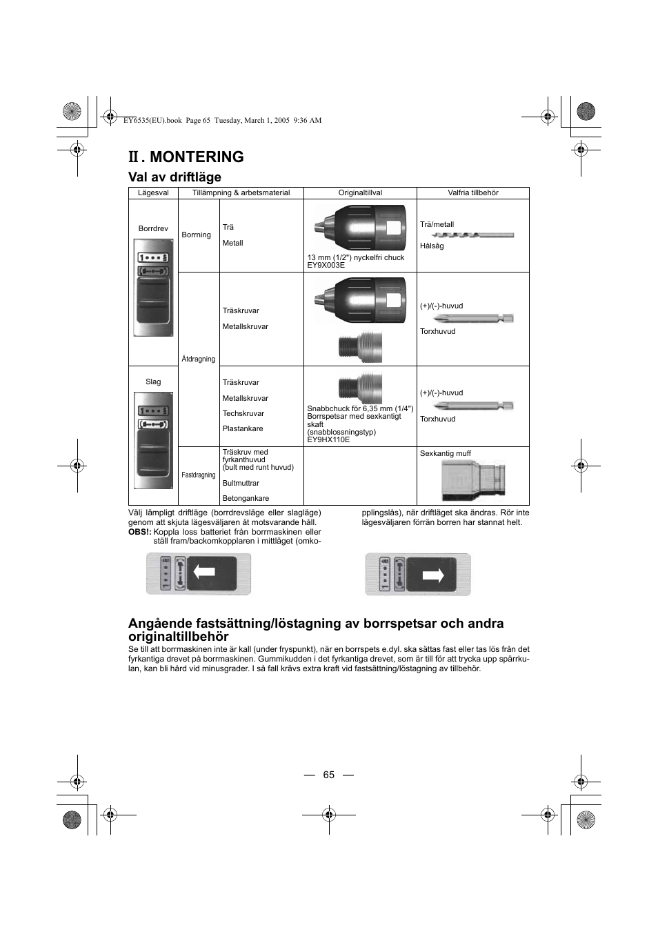 Montering, Val av driftläge | Panasonic EY6535GQW User Manual | Page 65 / 88