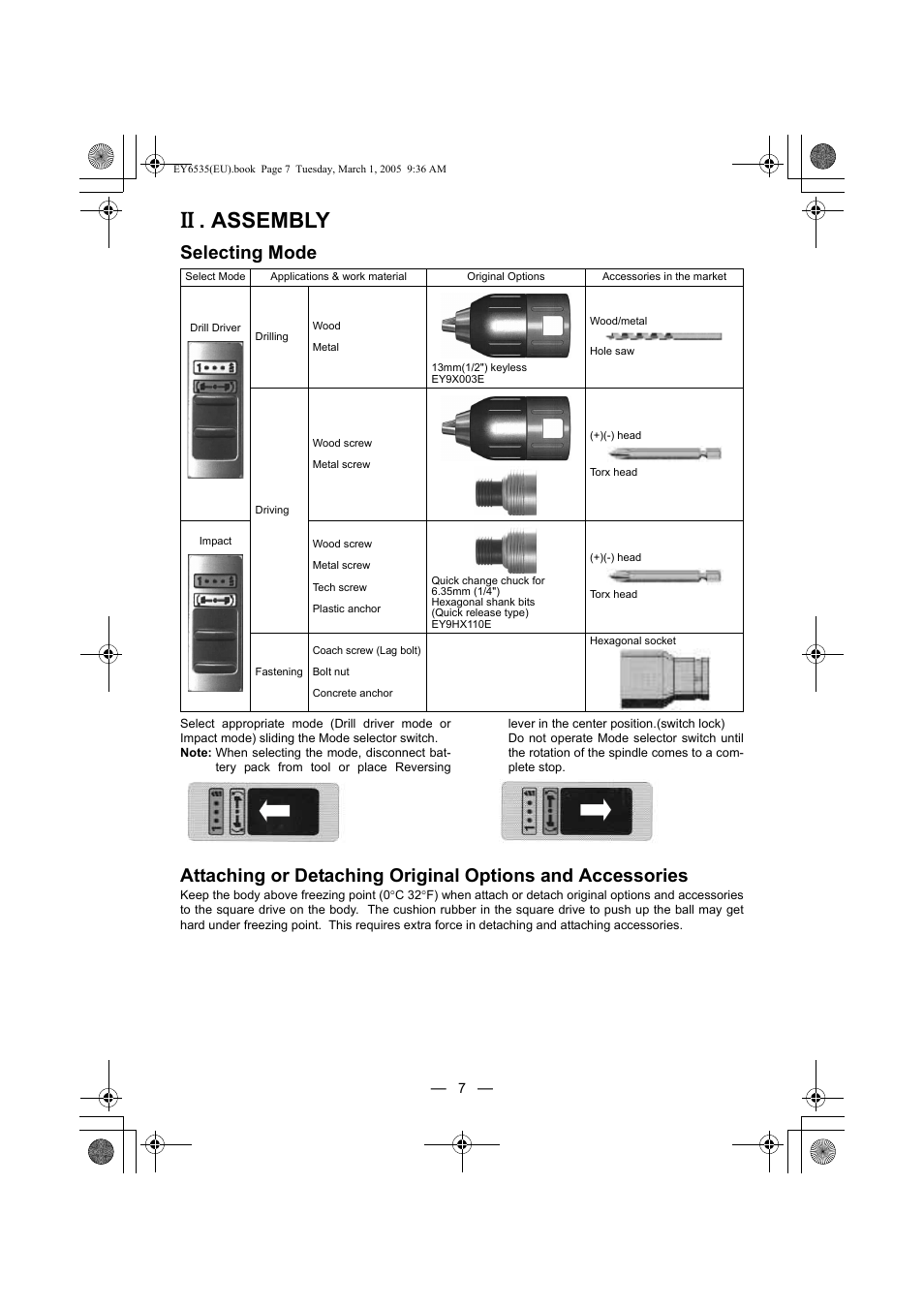 Assembly, Selecting mode | Panasonic EY6535GQW User Manual | Page 7 / 88