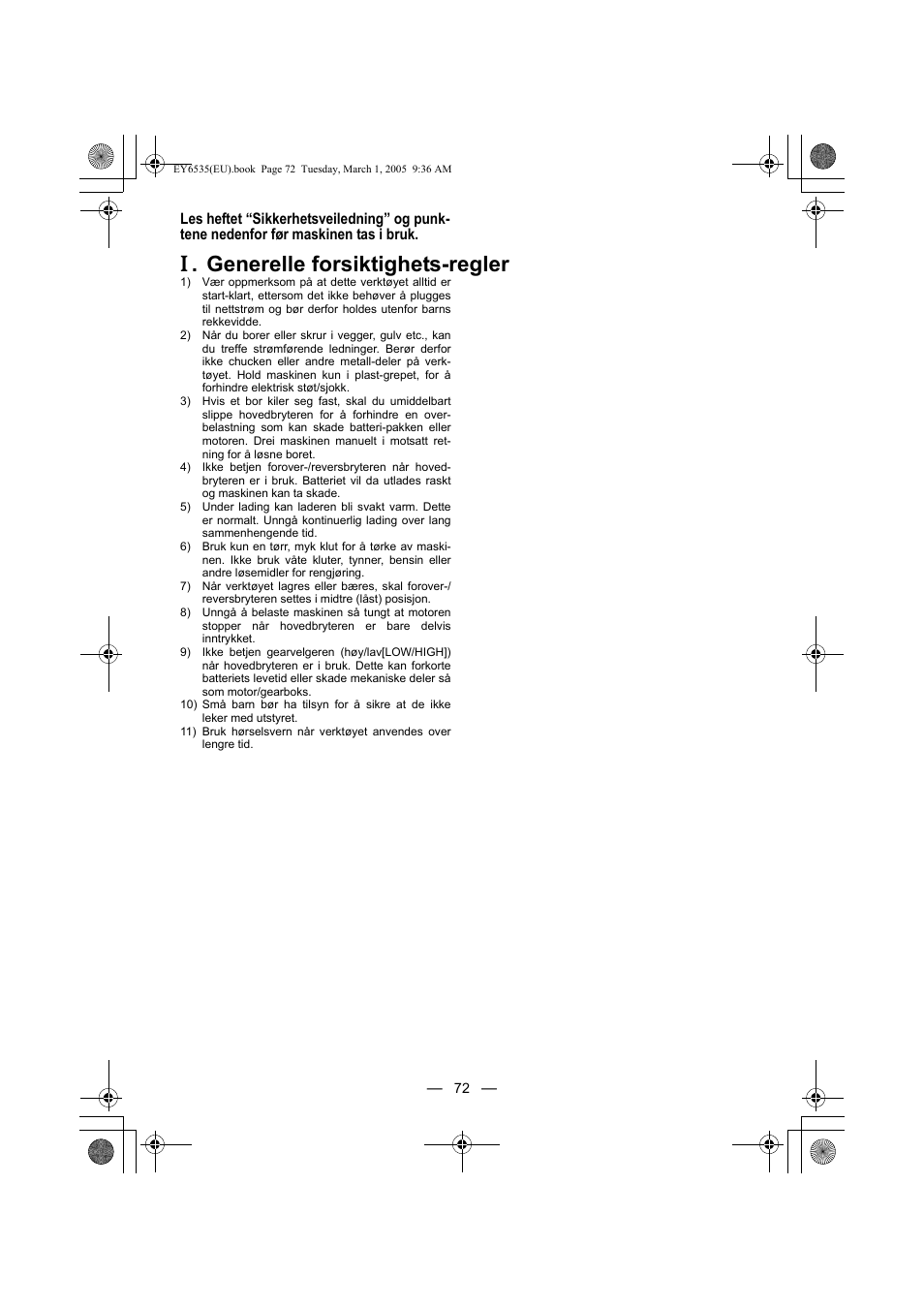 Generelle forsiktighets-regler | Panasonic EY6535GQW User Manual | Page 72 / 88