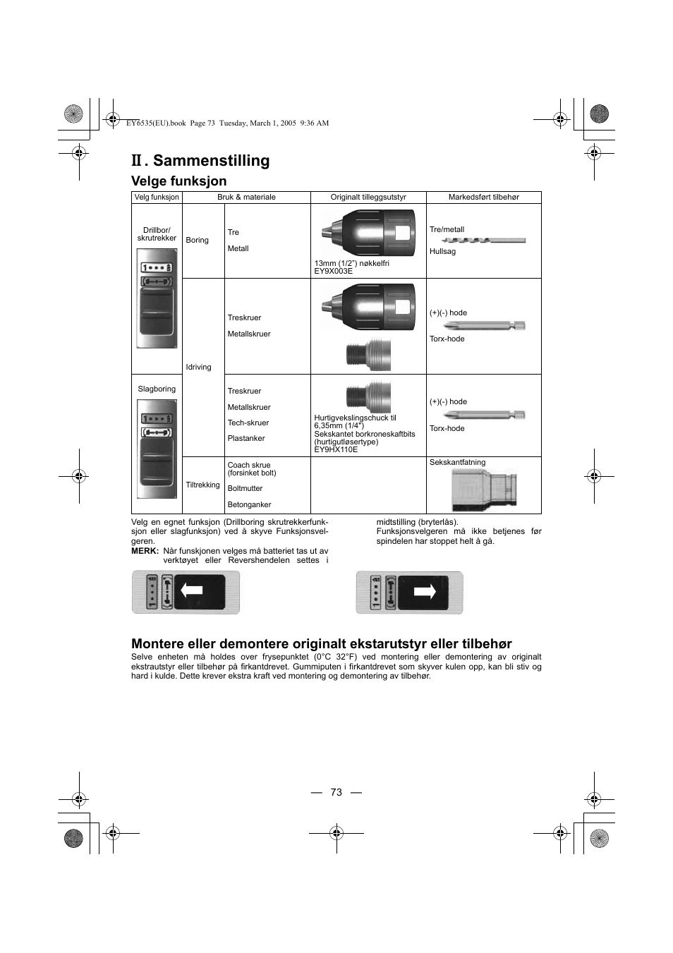 Sammenstilling, Velge funksjon | Panasonic EY6535GQW User Manual | Page 73 / 88