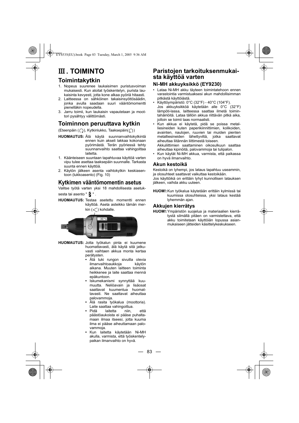 Toiminto, Toimintakytkin, Toiminnon peruuttava kytkin | Kytkimen vääntömomentin asetus, Paristojen tarkoituksenmukai- sta käyttöä varten | Panasonic EY6535GQW User Manual | Page 83 / 88