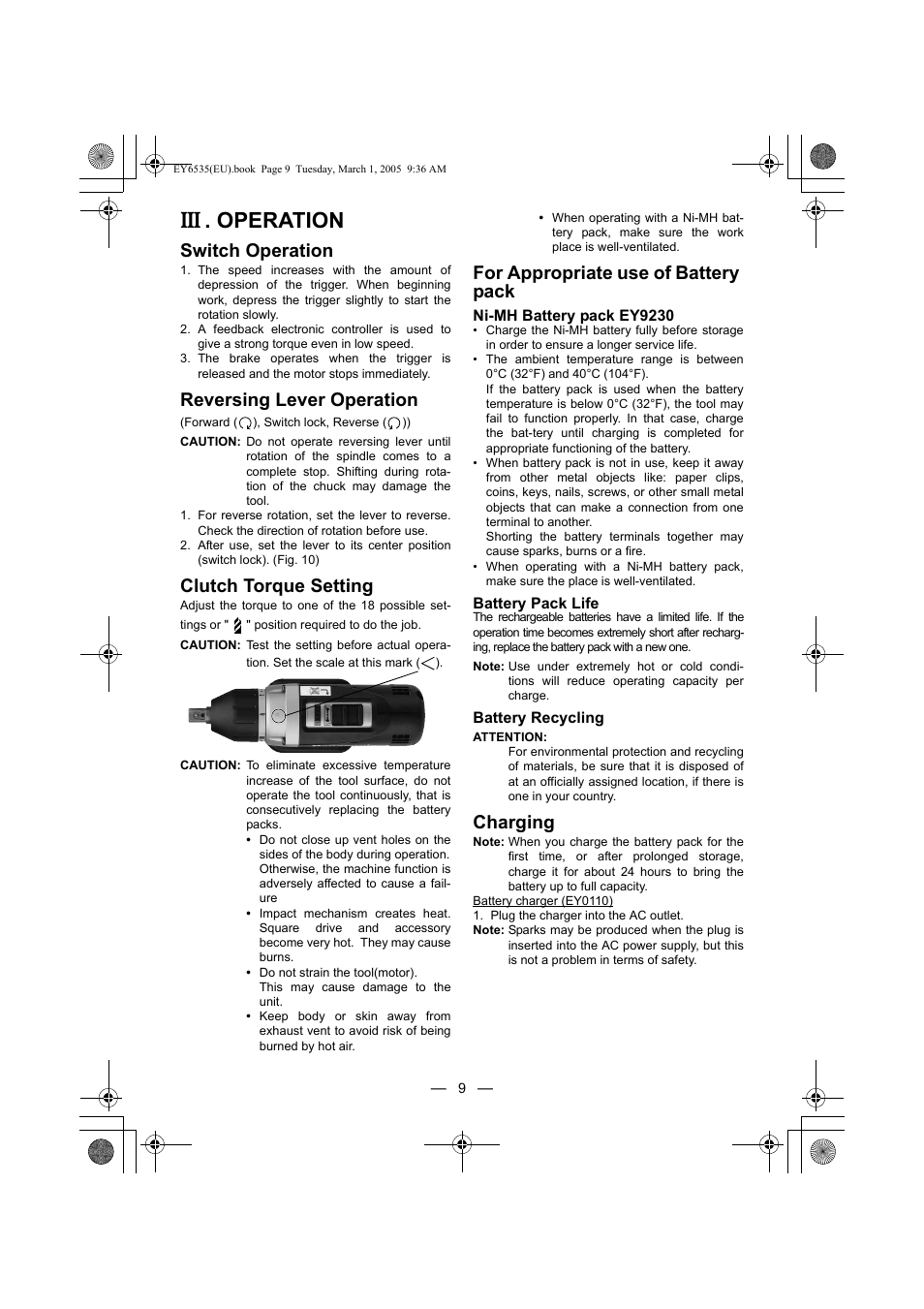 Operation, Switch operation, Reversing lever operation | Clutch torque setting, For appropriate use of battery pack, Charging | Panasonic EY6535GQW User Manual | Page 9 / 88