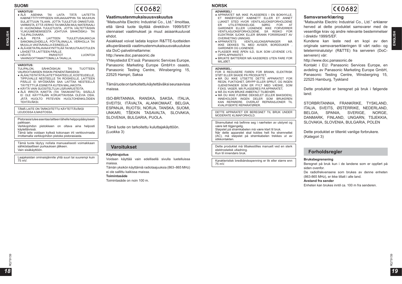 Varoitukset, Forholdsregler | Panasonic RPWF850 User Manual | Page 10 / 45
