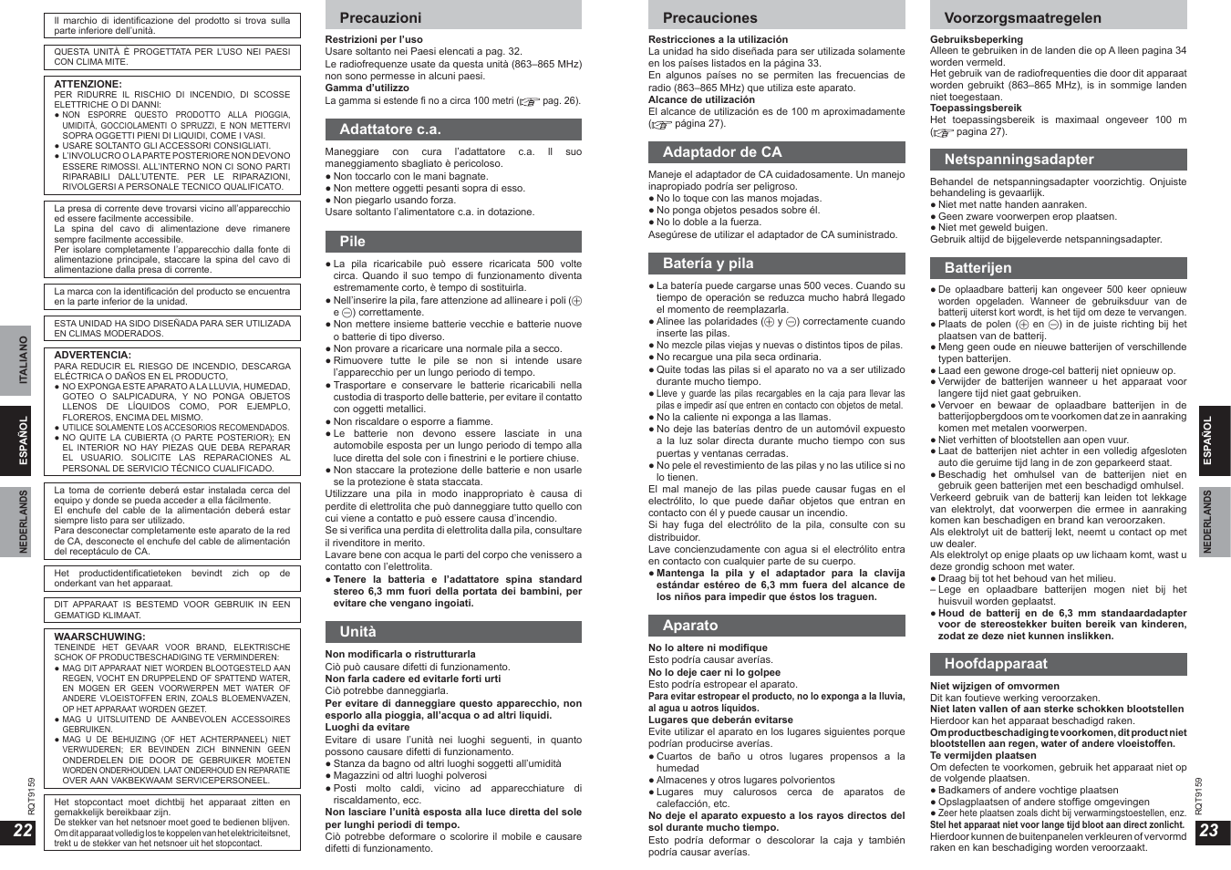 Precauzioni, Adattatore c.a, Pile | Unità, Precauciones, Adaptador de ca, Batería y pila, Aparato, Voorzorgsmaatregelen, Netspanningsadapter | Panasonic RPWF850 User Manual | Page 12 / 45