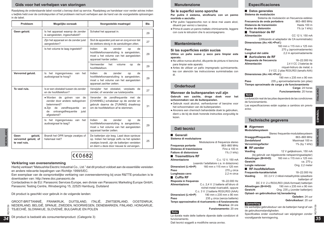 Gids voor het verhelpen van storingen, Manutenzione, Mantenimiento | Onderhoud, Dati tecnici, Especifi caciones, Technische gegevens | Panasonic RPWF850 User Manual | Page 18 / 45