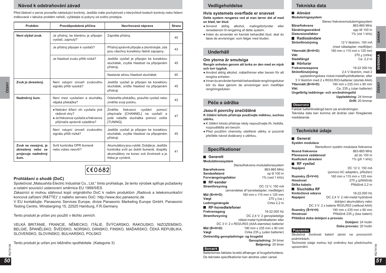 Vedligeholdelse, Underhåll, Péče a údržba | Specifi kationer, Tekniska data, Technické údaje, Návod k odstraňování závad | Panasonic RPWF850 User Manual | Page 26 / 45