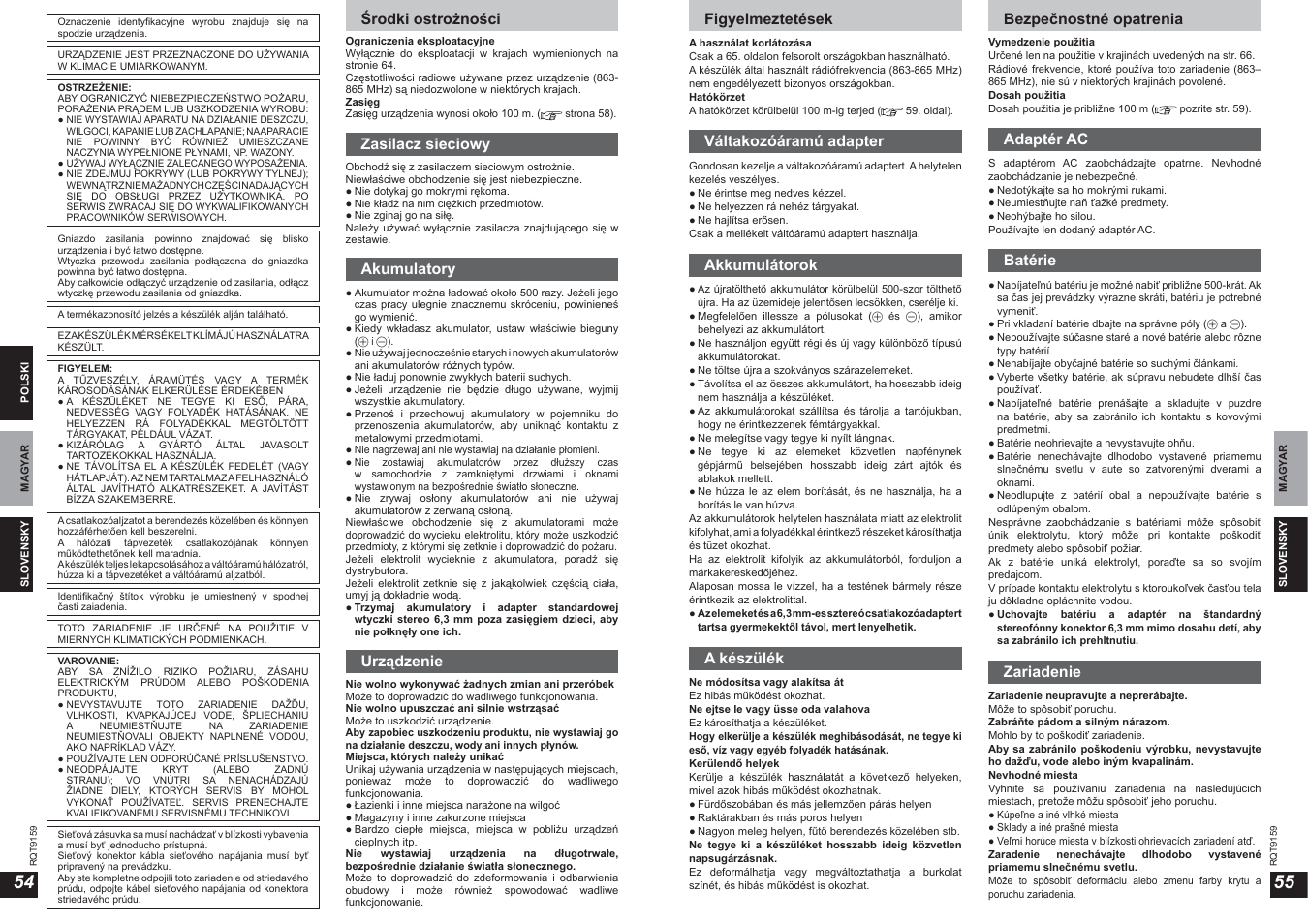 Środki ostrożności, Zasilacz sieciowy, Akumulatory | Urządzenie, Figyelmeztetések, Váltakozóáramú adapter, Akkumulátorok, A készülék, Bezpečnostné opatrenia, Adaptér ac | Panasonic RPWF850 User Manual | Page 28 / 45