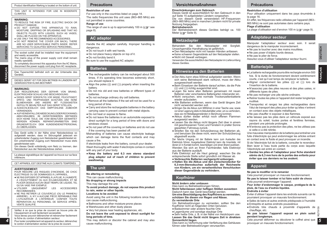 Precautions, Ac adaptor, Batteries | The unit, Vorsichtsmaßnahmen, Netzadapter, Hinweise zu den batterien, Kopfhörer, Précautions, Adaptateur secteur | Panasonic RPWF850 User Manual | Page 3 / 45