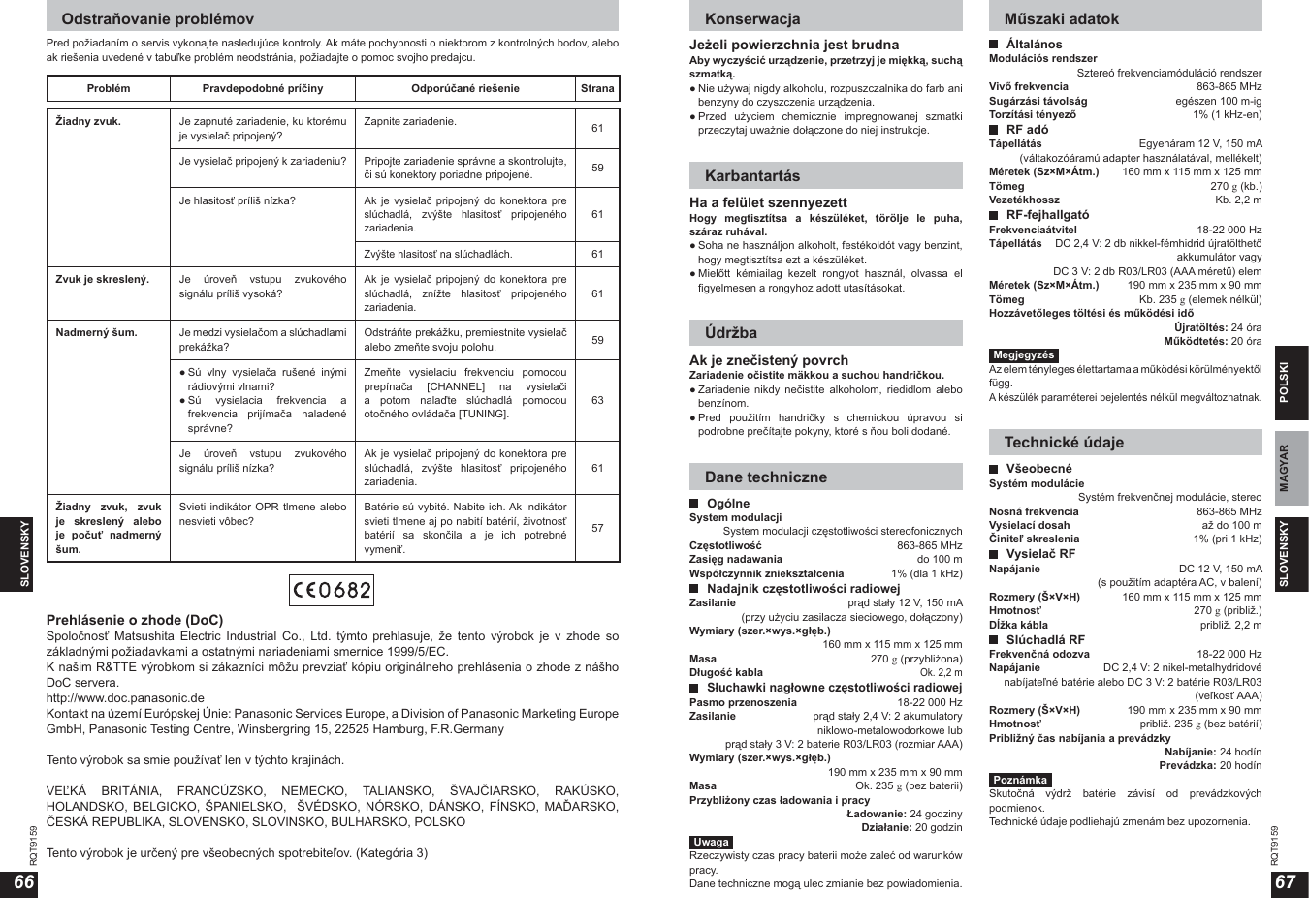 Odstraňovanie problémov, Konserwacja, Karbantartás | Údržba, Dane techniczne, Műszaki adatok, Technické údaje | Panasonic RPWF850 User Manual | Page 34 / 45