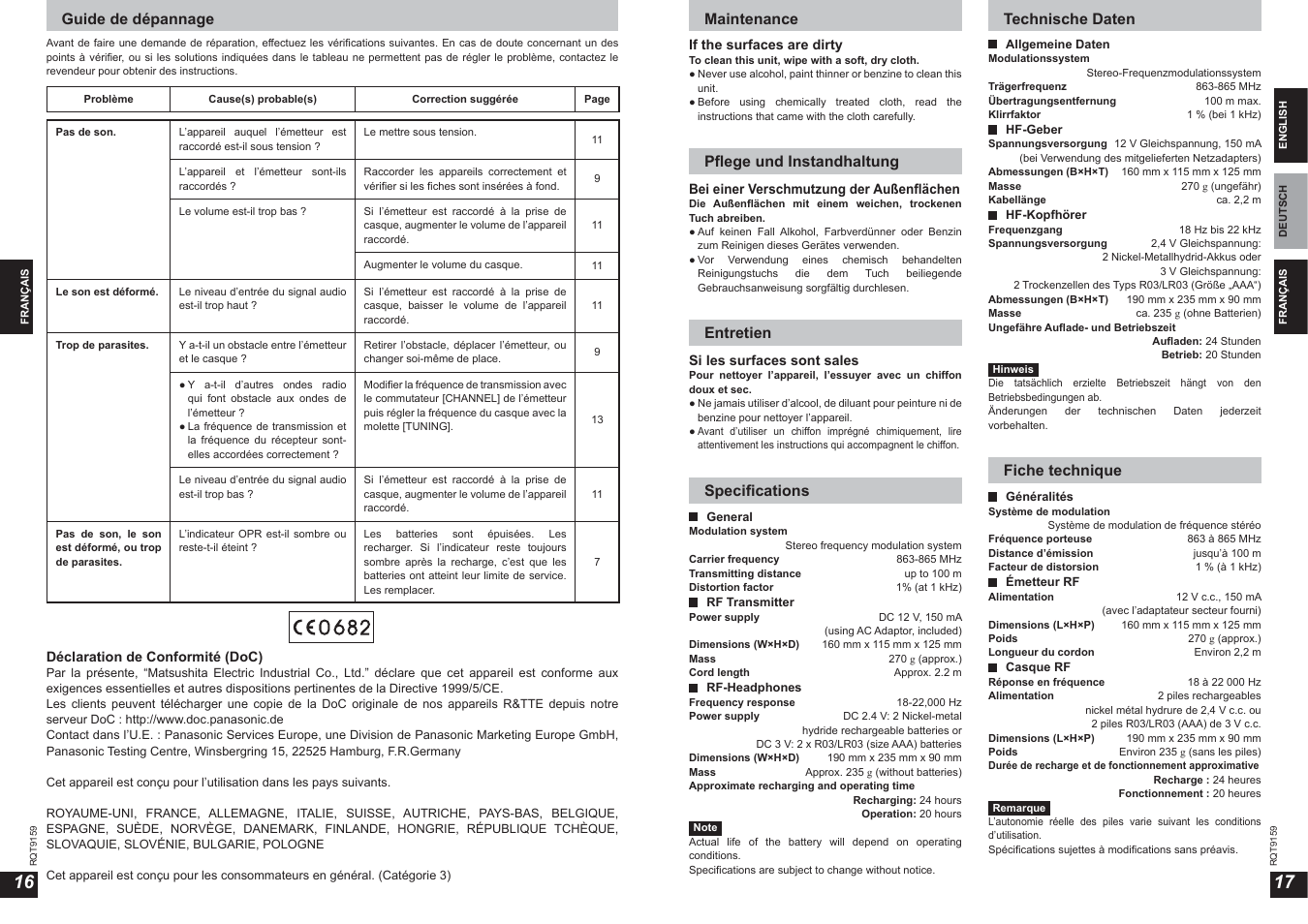 Maintenance, Pfl ege und instandhaltung, Entretien | Specifi cations, Guide de dépannage, Technische daten, Fiche technique | Panasonic RPWF850 User Manual | Page 9 / 45