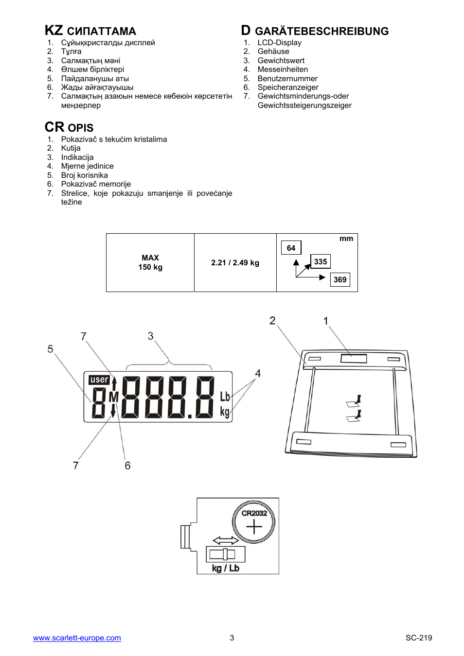 Сипаттама, Garätebeschreibung, Opis | Scarlett SC-219 User Manual | Page 3 / 13