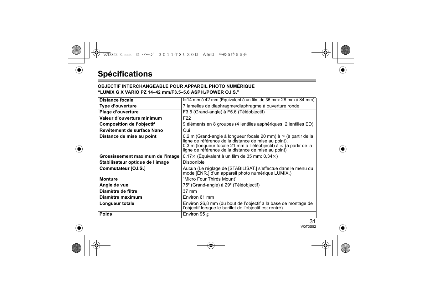 Spécifications | Panasonic HPS14042E User Manual | Page 31 / 72