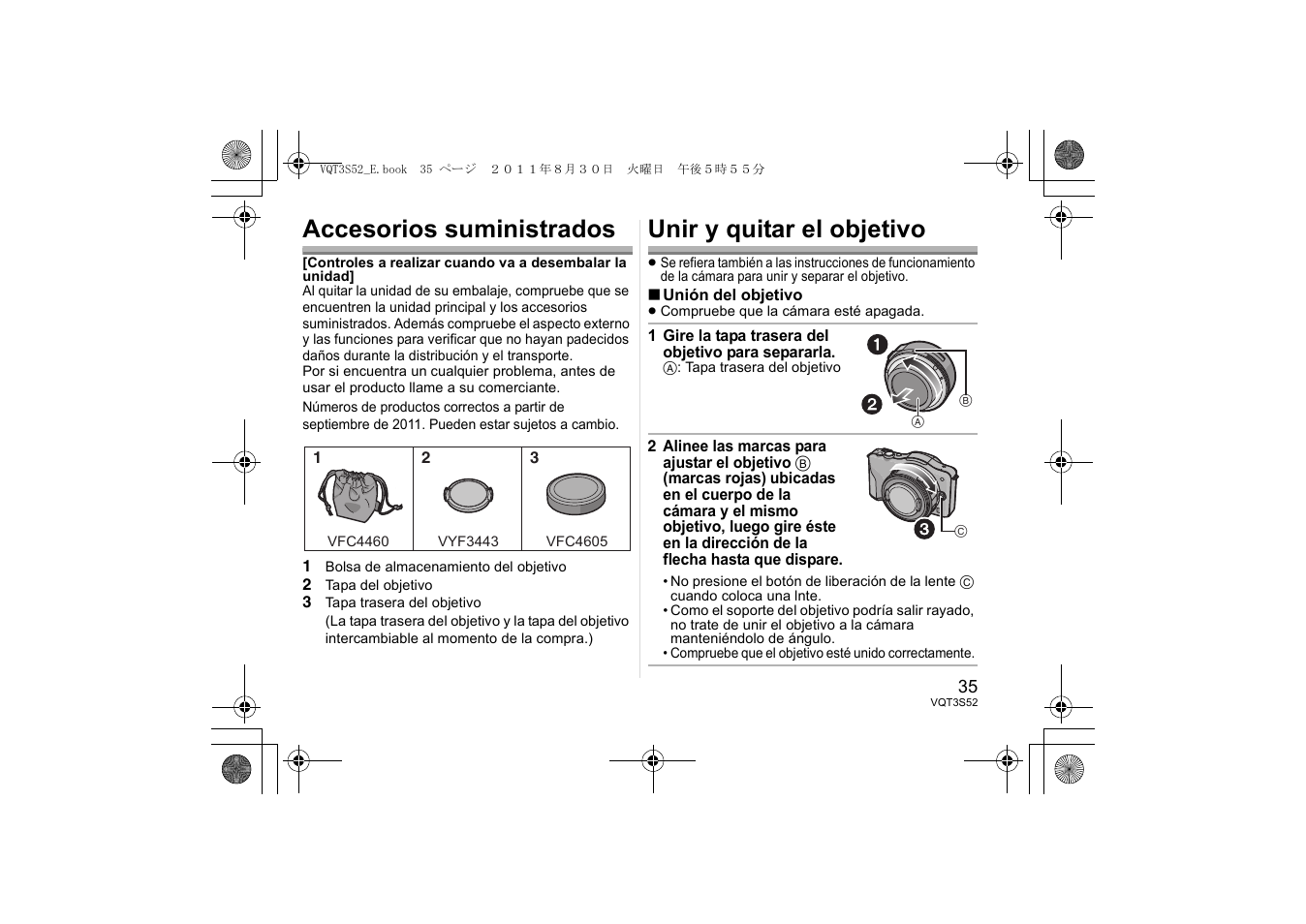 Accesorios suministrados, Unir y quitar el objetivo | Panasonic HPS14042E User Manual | Page 35 / 72