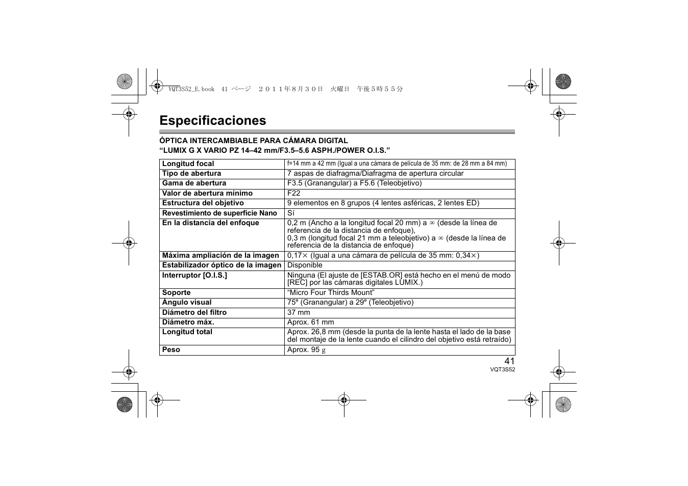 Especificaciones | Panasonic HPS14042E User Manual | Page 41 / 72