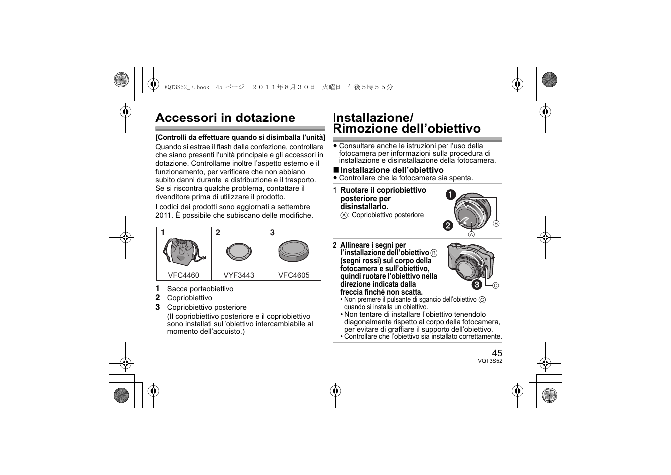 Accessori in dotazione, Installazione/ rimozione dell’obiettivo | Panasonic HPS14042E User Manual | Page 45 / 72