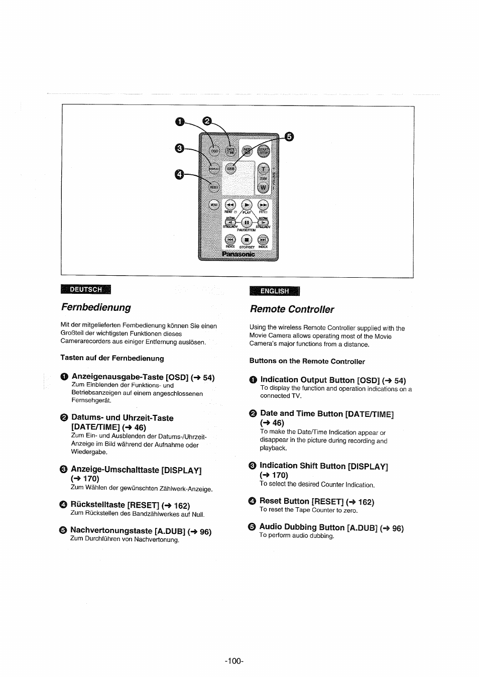 Deutsch, Fernbedienung, Tasten auf der fernbedienung | Remote controller, Buttons on the remote controller, 0 anzeigenausgabe-taste [osd] (-» 54), Q datums- und uhrzeit-taste [dateh'ime] {-» 46), Q anzeige-umschalttaste [display, O rückstelltaste [reset] {-» 162), Nachvertonungstaste [a.dub] (-» 96) | Panasonic NVDX100EG User Manual | Page 100 / 188