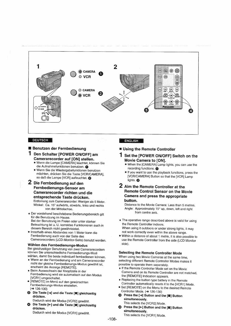 Wählen des fernbedienungs-modus, Selecting the remote controller mode | Panasonic NVDX100EG User Manual | Page 108 / 188