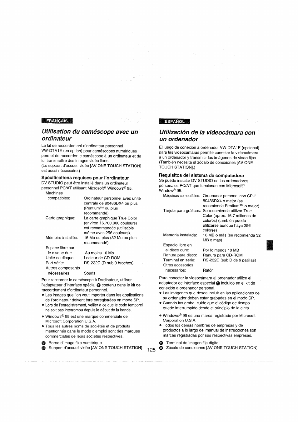 Utilisation du caméscope avec un ordinateur, Spécifications requises pour l’ordinateur, Utilización de la videocámara con un ordenador | Requisitos del sistema de computadora | Panasonic NVDX100EG User Manual | Page 125 / 188