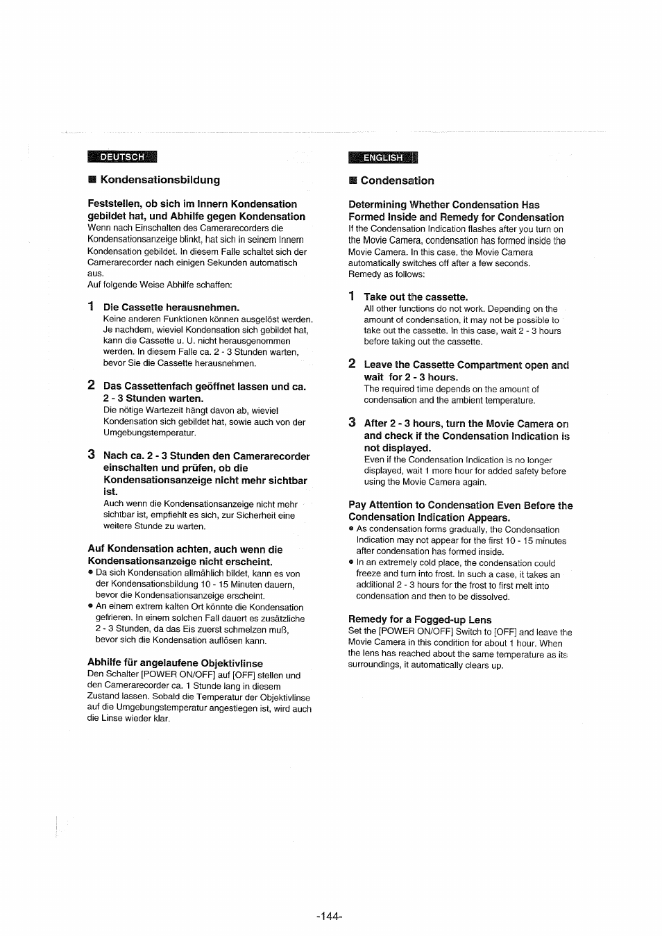 Kondensationsbildung, Condensation, B kondensationsbildung | Panasonic NVDX100EG User Manual | Page 144 / 188