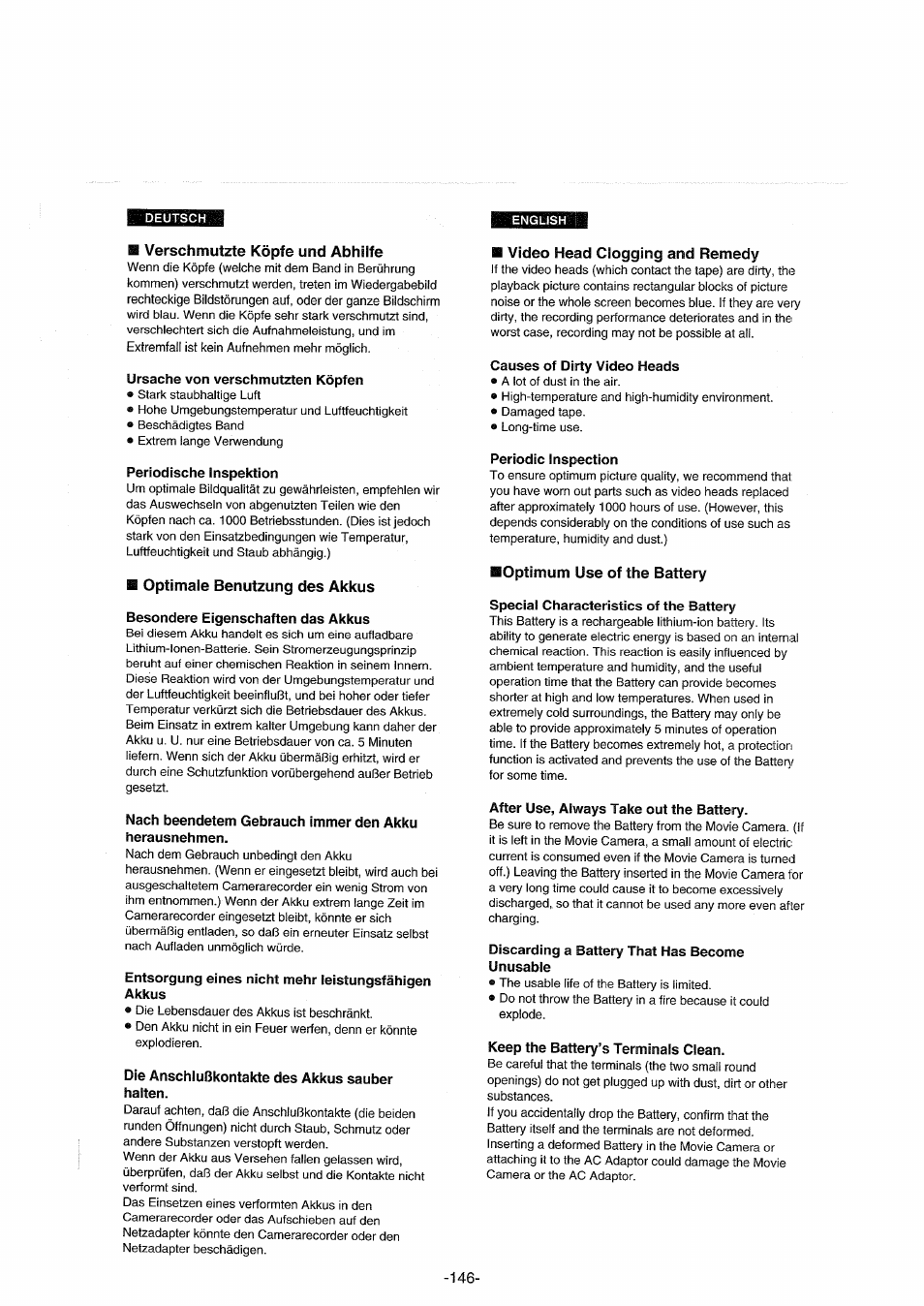 Ш verschmutzte köpfe und abhilfe, Ursache von verschmutzten köpfen, Periodische inspektion | Optimale benutzung des akkus, Besondere eigenschaften das akkus, Entsorgung eines nicht mehr leistungsfähigen akkus, Die anschlußkontakte des akkus sauber halten, Video head clogging and remedy, Causes of dirty video heads, Periodic inspection | Panasonic NVDX100EG User Manual | Page 146 / 188