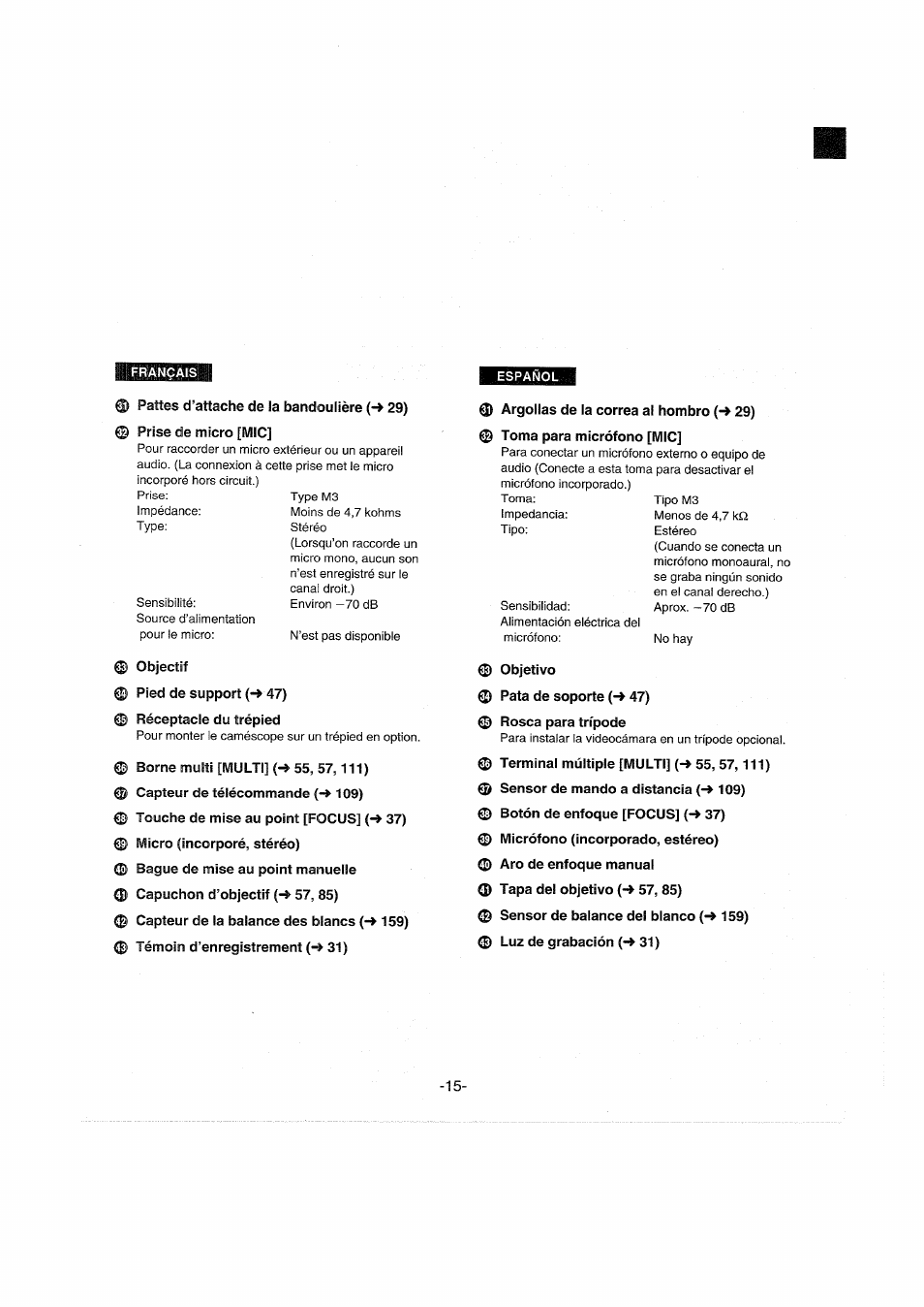 Pattes d’attache de la bandoulière (-> 29), Prise de micro [mic, Objectif | Pied de support (-> 47), Réceptacle du trépied, Borne multi [multi] (-> 55, 57,111), Capteur de télécommande (-> 109), Argollas de la correa al hombro (-> 29), Toma para micrófono [mic, Objetivo | Panasonic NVDX100EG User Manual | Page 15 / 188