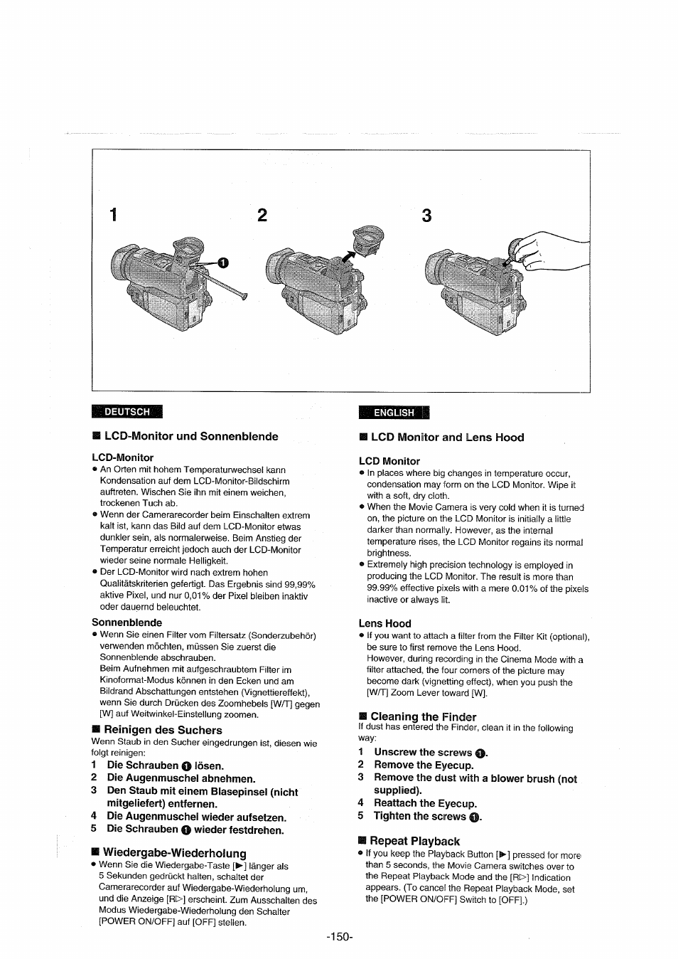 Lcd-monitor und sonnenblende, Lcd-monitor, Sonnenblende | Reinigen des suchers, Wiedergabe-wiederholung, Lcd monitor and lens hood, Lcd monitor, Lens hood, Cleaning the finder, 1 unscrew the screws | Panasonic NVDX100EG User Manual | Page 150 / 188