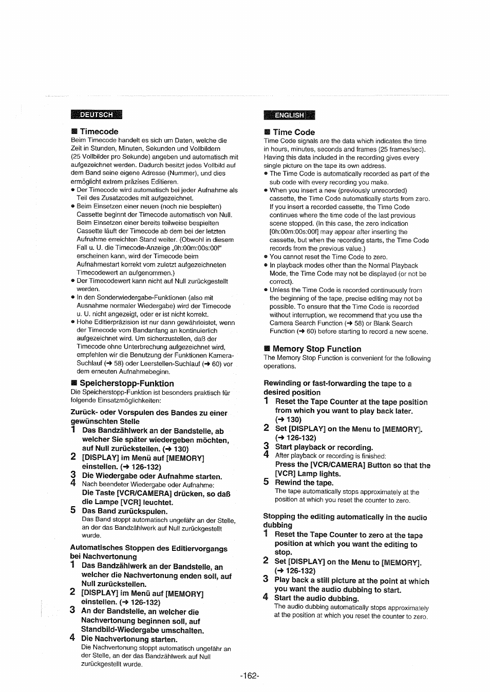Timecode, Speicherstopp-funktion, Time code | Memory stop function, Fl timecode b speicherstopp-funktion, Time code ■ memory stop function | Panasonic NVDX100EG User Manual | Page 162 / 188
