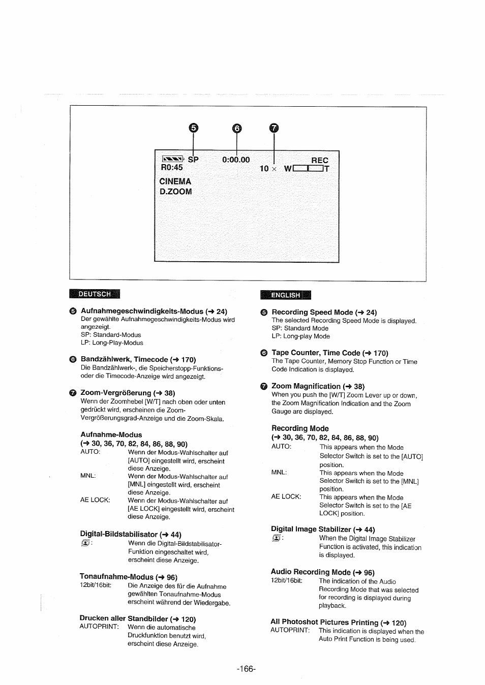 Aufnahmegeschwindigkeits-modus (-» 24), Bandzählwerk, timecode {-* 170), Zoom-vergrößerung (-» 38) | Aufnahme-modus, Digital-bildstabüisator (-» 44), Tonaufnahme-modus (-» 96), Drucken aller standbilder (-» 120), Recording speed mode {-* 24), Tape counter, time code (-» 170), O zoom magnification {-* 38) | Panasonic NVDX100EG User Manual | Page 166 / 188