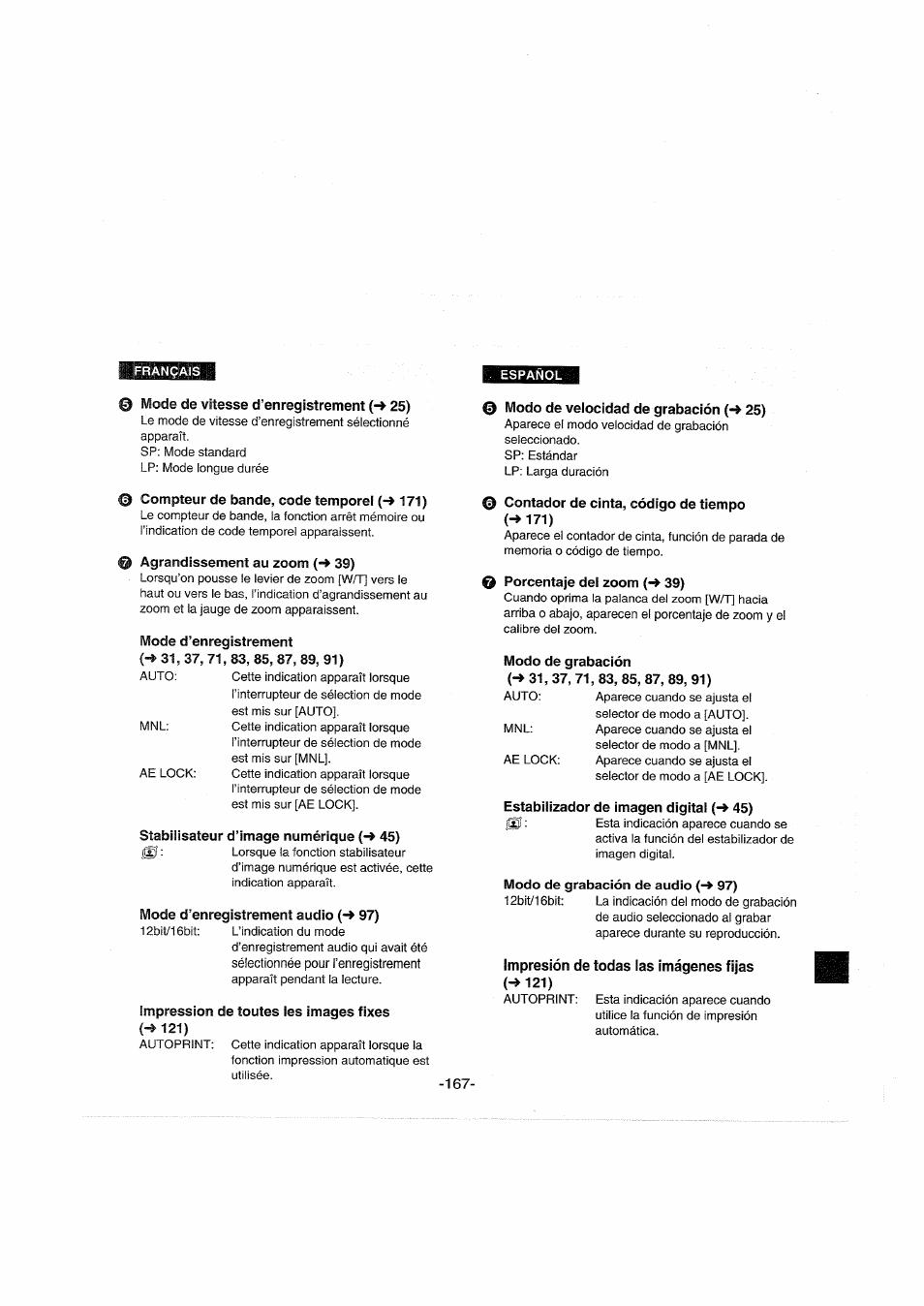 Mode de vitesse d’enregistrement (-» 25), Compteur de bande, code temporel (-» 171), O agrandissement au zoom {-* 39) | Mode d’enregistrement, Stabilisateur d’image numérique (-» 45), Mode d’enregistrement audio (-» 97), Impression de toutes les images fixes, Modo de velocidad de grabación {-* 25), Contador de cinta, código de tiempo (-» 171), Porcentaje del zoom (-» 39) | Panasonic NVDX100EG User Manual | Page 167 / 188