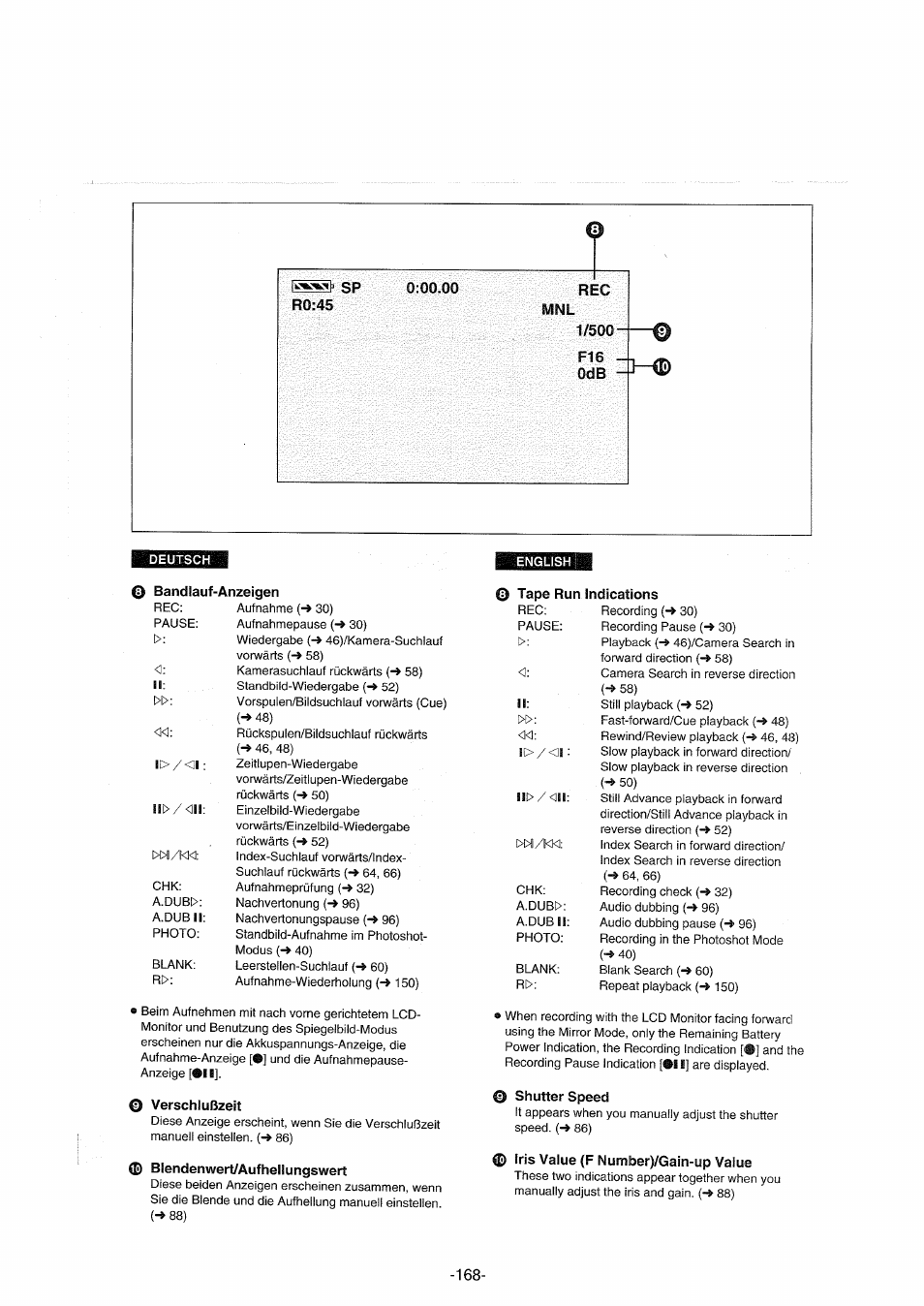 Verschlußzeit, 0 blendenwert/aufhellungswert, Shutter speed | 0 iris value (f number)/gain-up value | Panasonic NVDX100EG User Manual | Page 168 / 188